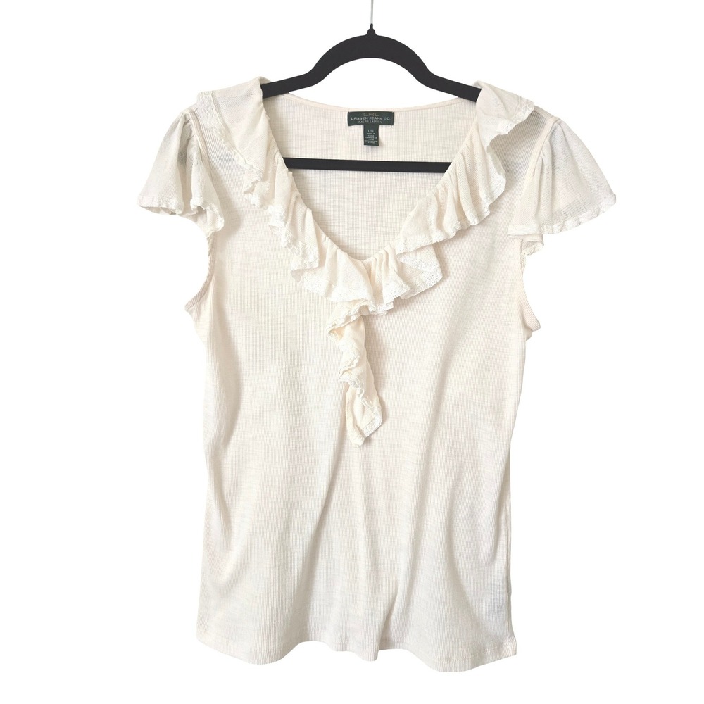 Lauren Ralph Lauren Womens L Cream Lace Trim Ruffle‎ V-Neck Cotton Rib Knit Top